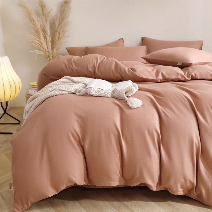 91家纺网 家纺一手货源 找家纺 晶缦家纺 2026新款纯棉纯色A类全棉双层纱四件套（水洗预处理）-觅琳系列 觅琳-赭石棕