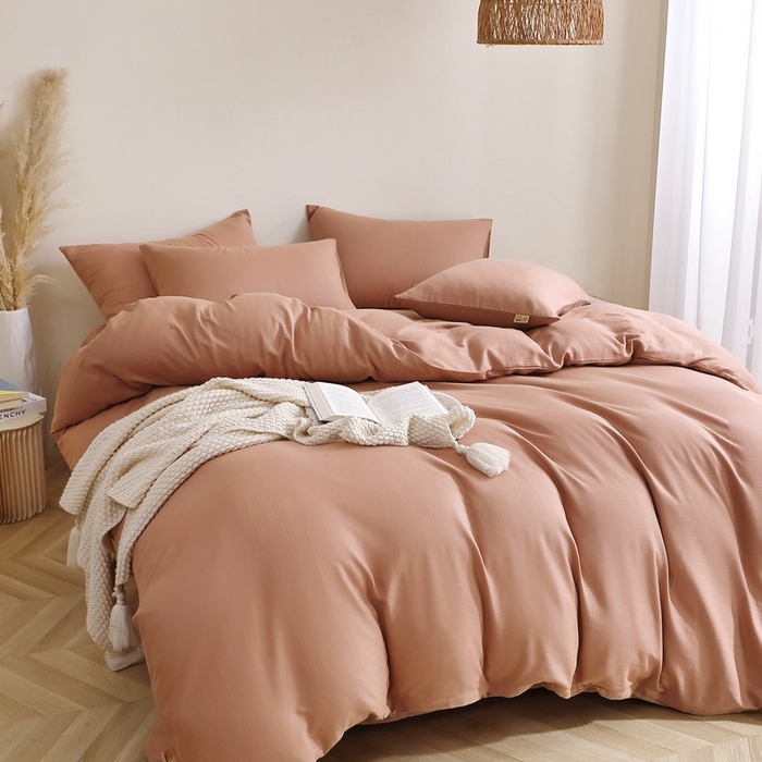 91家纺网 家纺一手货源 找家纺 晶缦家纺 2026新款纯棉纯色A类全棉双层纱四件套（水洗预处理）-觅琳系列 觅琳-赭石棕