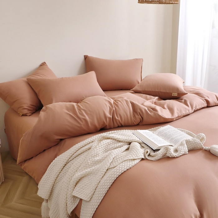 91家纺网 家纺一手货源 找家纺 晶缦家纺 2026新款纯棉纯色A类全棉双层纱四件套（水洗预处理）-觅琳系列 觅琳-赭石棕