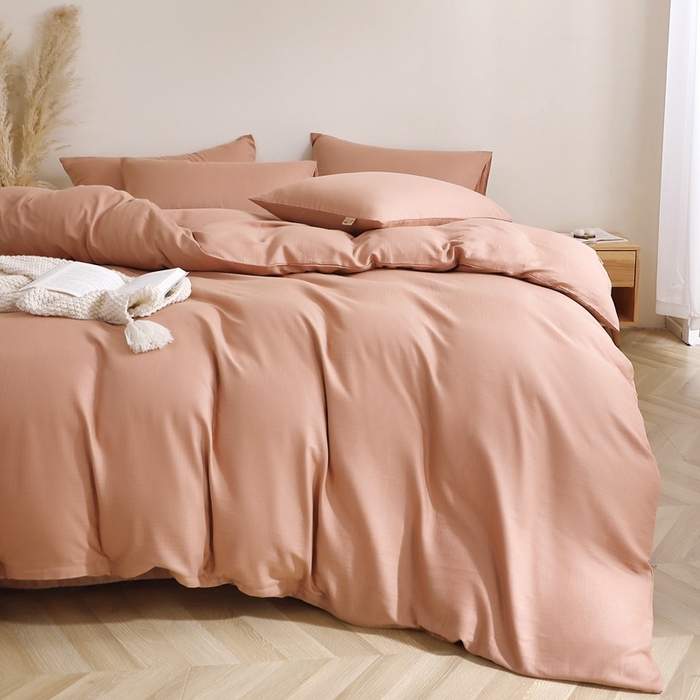 91家纺网 家纺一手货源 找家纺 晶缦家纺 2026新款纯棉纯色A类全棉双层纱四件套（水洗预处理）-觅琳系列 觅琳-赭石棕