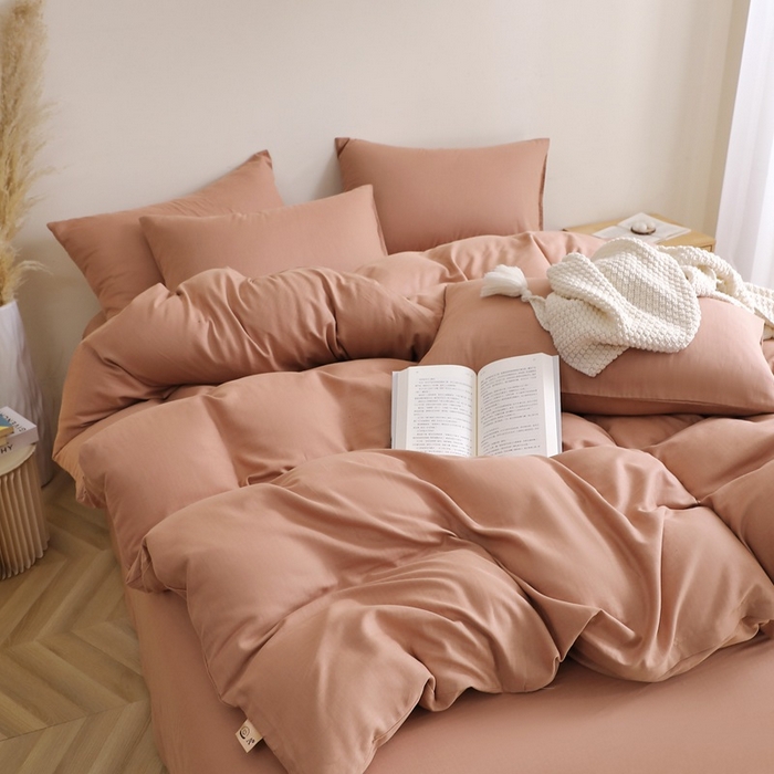 91家纺网 家纺一手货源 找家纺 晶缦家纺 2026新款纯棉纯色A类全棉双层纱四件套（水洗预处理）-觅琳系列 觅琳-赭石棕