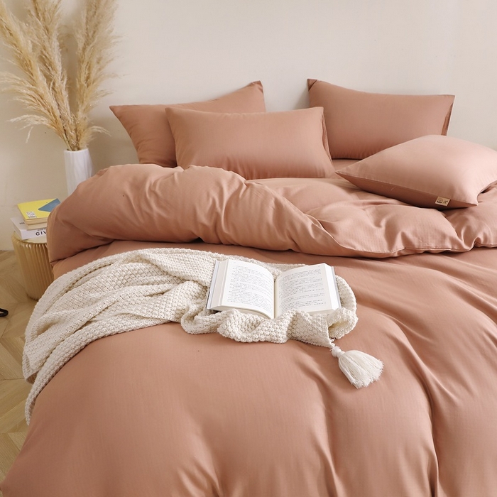 91家纺网 家纺一手货源 找家纺 晶缦家纺 2026新款纯棉纯色A类全棉双层纱四件套（水洗预处理）-觅琳系列 觅琳-赭石棕