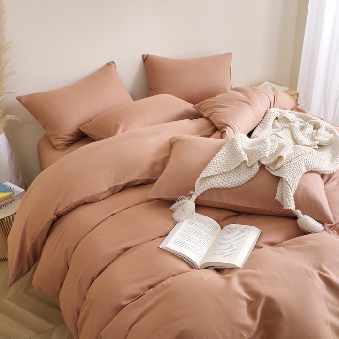 91家纺网 家纺一手货源 找家纺 晶缦家纺 2026新款纯棉纯色A类全棉双层纱四件套（水洗预处理）-觅琳系列 觅琳-赭石棕