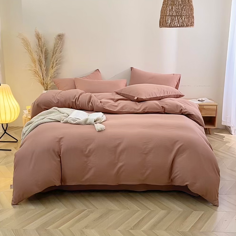 91家纺网 家纺一手货源 找家纺 晶缦家纺 2026新款纯棉纯色A类全棉双层纱四件套（水洗预处理）-觅琳系列 觅琳-赭石棕
