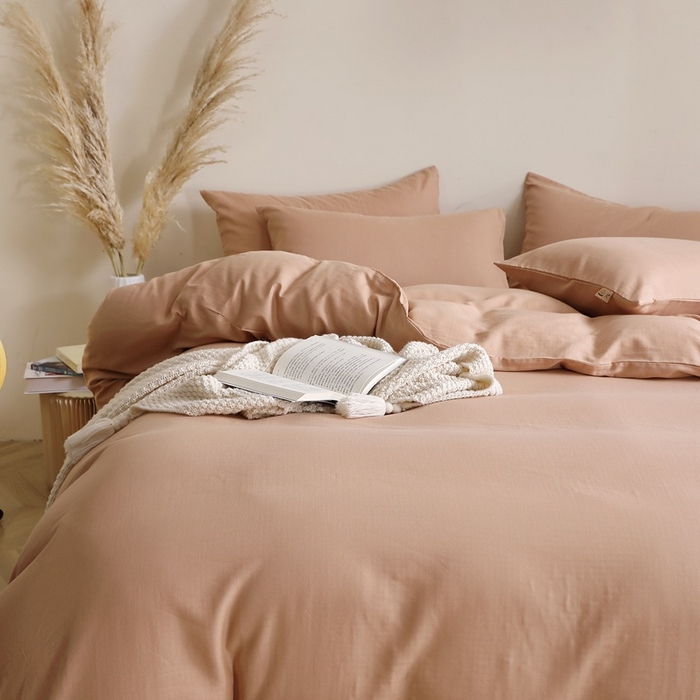 91家纺网 家纺一手货源 找家纺 晶缦家纺 2026新款纯棉纯色A类全棉双层纱四件套（水洗预处理）-觅琳系列 觅琳-朱颜酡