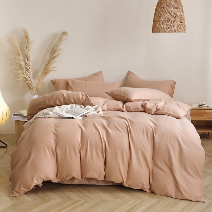 91家纺网 家纺一手货源 找家纺 晶缦家纺 2026新款纯棉纯色A类全棉双层纱四件套（水洗预处理）-觅琳系列 觅琳-朱颜酡