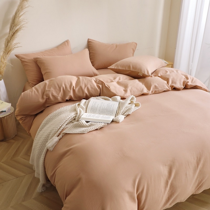 91家纺网 家纺一手货源 找家纺 晶缦家纺 2026新款纯棉纯色A类全棉双层纱四件套（水洗预处理）-觅琳系列 觅琳-朱颜酡