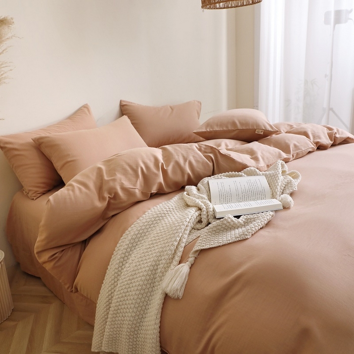 91家纺网 家纺一手货源 找家纺 晶缦家纺 2026新款纯棉纯色A类全棉双层纱四件套（水洗预处理）-觅琳系列 觅琳-朱颜酡