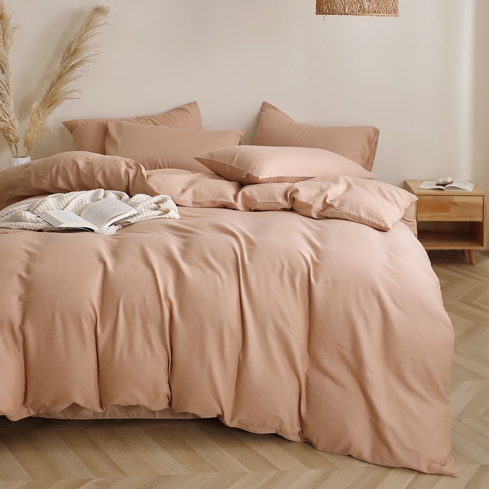 91家纺网 家纺一手货源 找家纺 晶缦家纺 2026新款纯棉纯色A类全棉双层纱四件套（水洗预处理）-觅琳系列 觅琳-朱颜酡