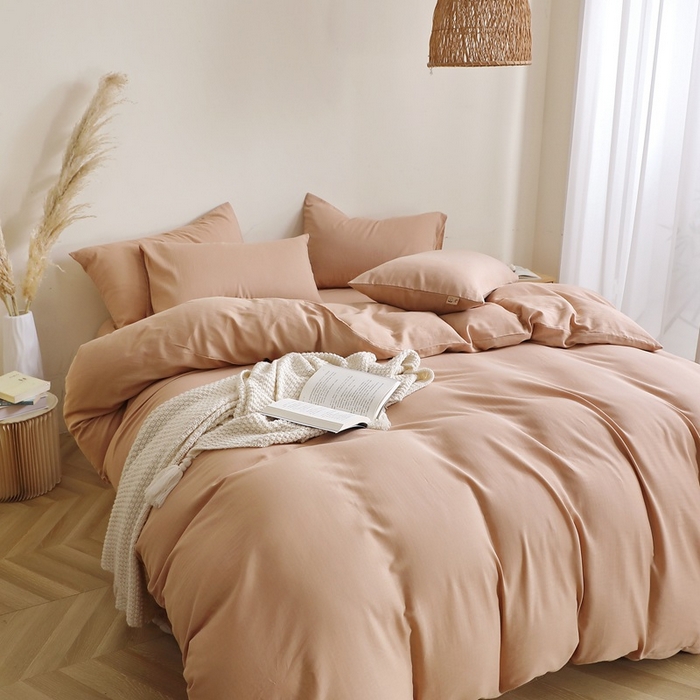 91家纺网 家纺一手货源 找家纺 晶缦家纺 2026新款纯棉纯色A类全棉双层纱四件套（水洗预处理）-觅琳系列 觅琳-朱颜酡