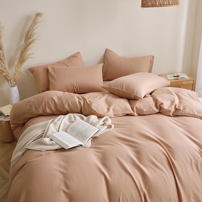 91家纺网 家纺一手货源 找家纺 晶缦家纺 2026新款纯棉纯色A类全棉双层纱四件套（水洗预处理）-觅琳系列 觅琳-朱颜酡