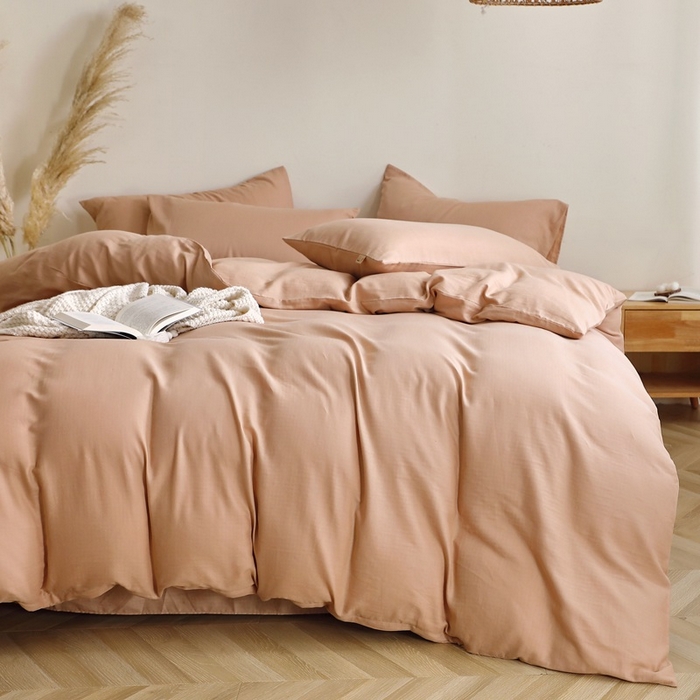 91家纺网 家纺一手货源 找家纺 晶缦家纺 2026新款纯棉纯色A类全棉双层纱四件套（水洗预处理）-觅琳系列 觅琳-朱颜酡