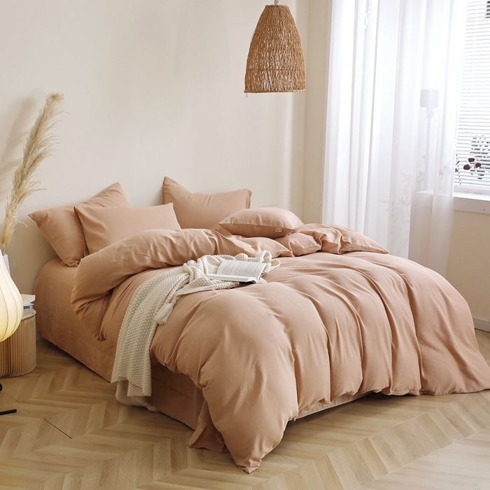 91家纺网 家纺一手货源 找家纺 晶缦家纺 2026新款纯棉纯色A类全棉双层纱四件套（水洗预处理）-觅琳系列 觅琳-朱颜酡