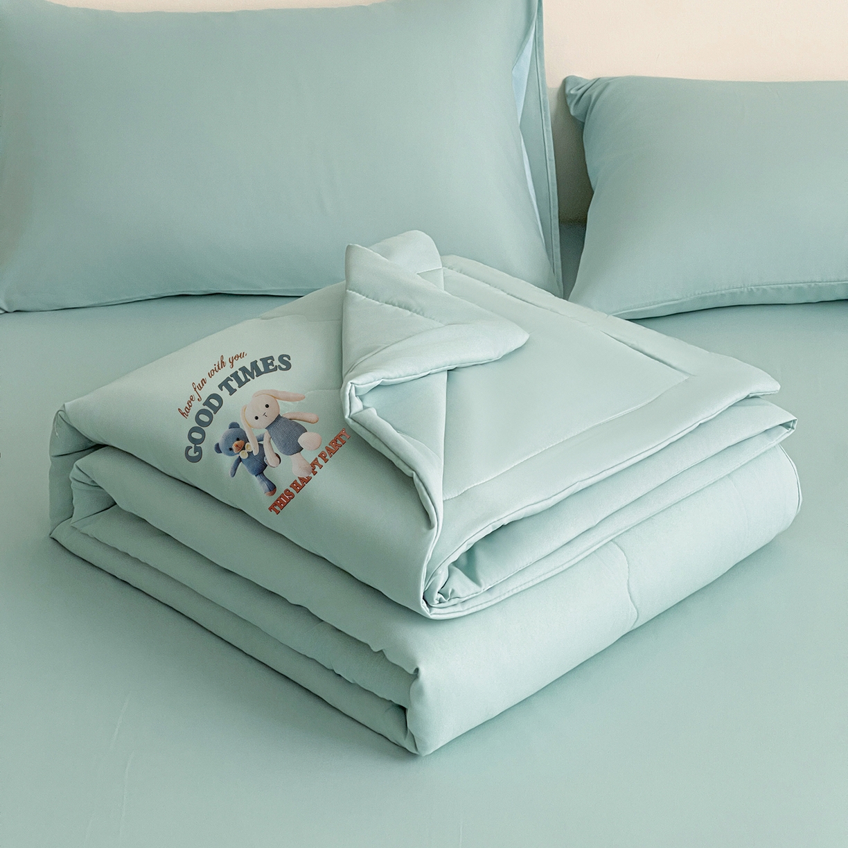 91家纺网 家纺一手货源 找家纺 易展家居 2026新款水洗棉大豆纤维夏被-布偶乐园 布偶乐园-青色