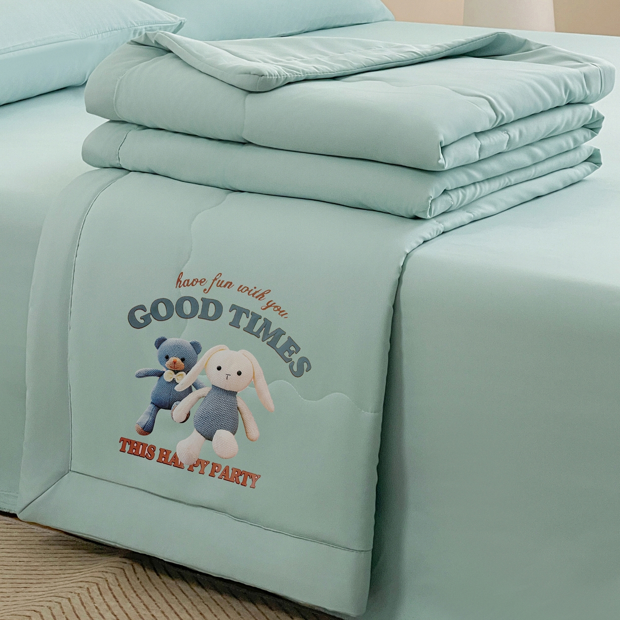 91家纺网 家纺一手货源 找家纺 易展家居 2026新款水洗棉大豆纤维夏被-布偶乐园 布偶乐园-青色