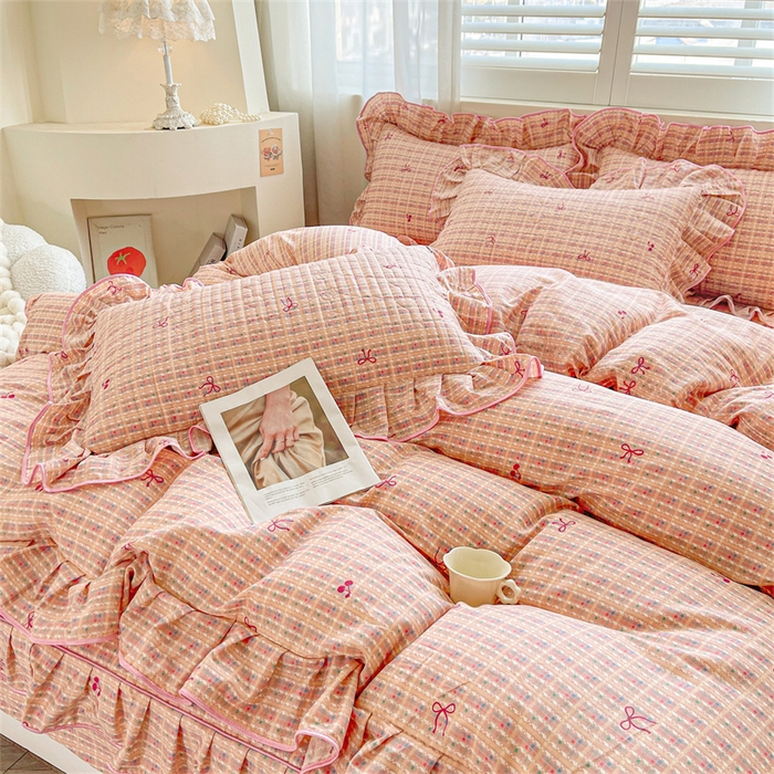 91家纺网 家纺一手货源 找家纺 宜凡家纺 2026新款全棉印花夹棉床笠四件套 樱桃蝴蝶结