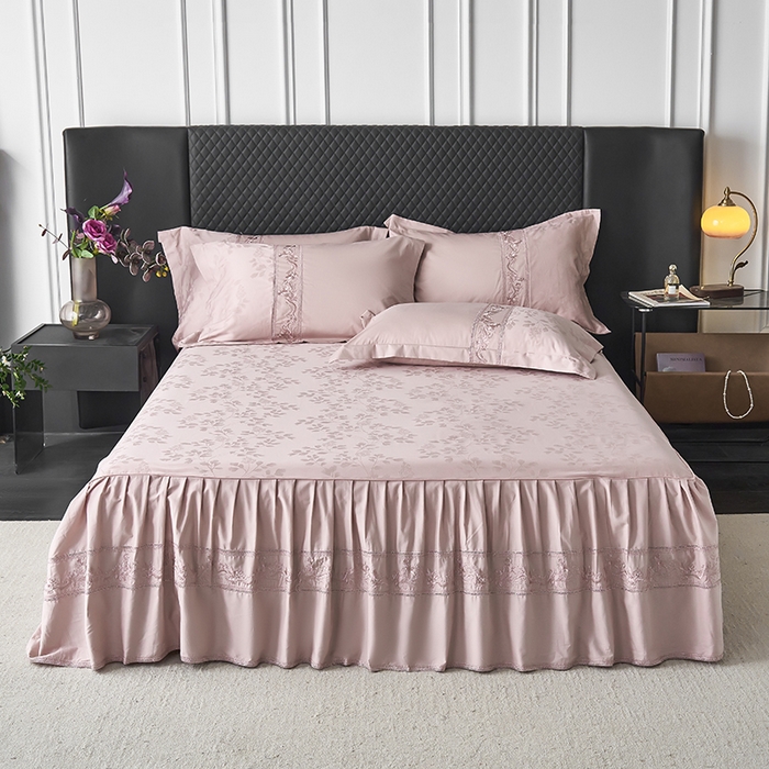 91家纺网 家纺一手货源 找家纺 美达家纺 2026新款全棉纯棉60s提花绣花床裙单床裙床裙单件 花晓-露娜粉