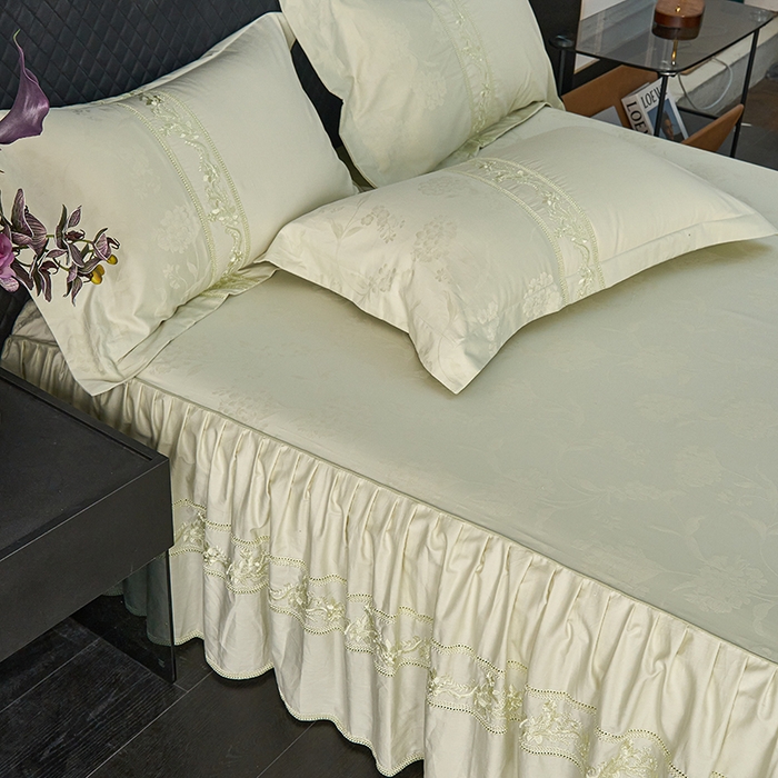 91家纺网 家纺一手货源 找家纺 美达家纺 2026新款全棉纯棉60s提花绣花床裙单床裙床裙单件 醉绮梦-闲逸之雪