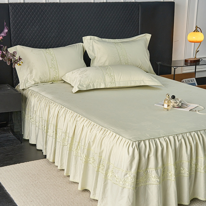 91家纺网 家纺一手货源 找家纺 美达家纺 2026新款全棉纯棉60s提花绣花床裙单床裙床裙单件 醉绮梦-闲逸之雪