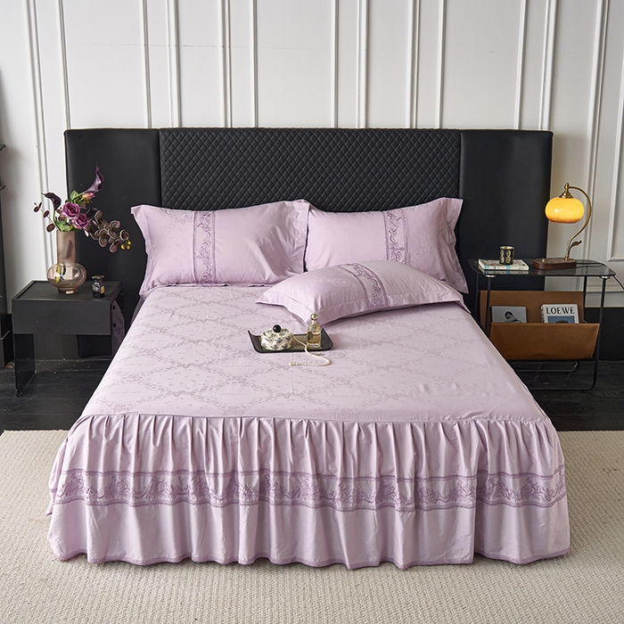 91家纺网 家纺一手货源 找家纺 美达家纺 2026新款全棉纯棉60s提花绣花床裙单床裙床裙单件 洛可可-罗兰紫