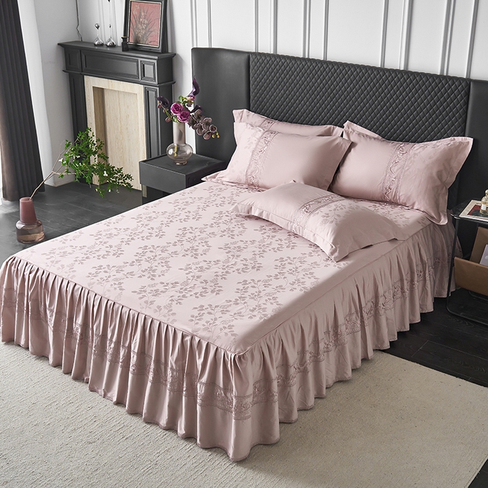 91家纺网 家纺一手货源 找家纺 美达家纺 2026新款全棉纯棉60s提花绣花床裙单床裙床裙单件 花晓-露娜粉