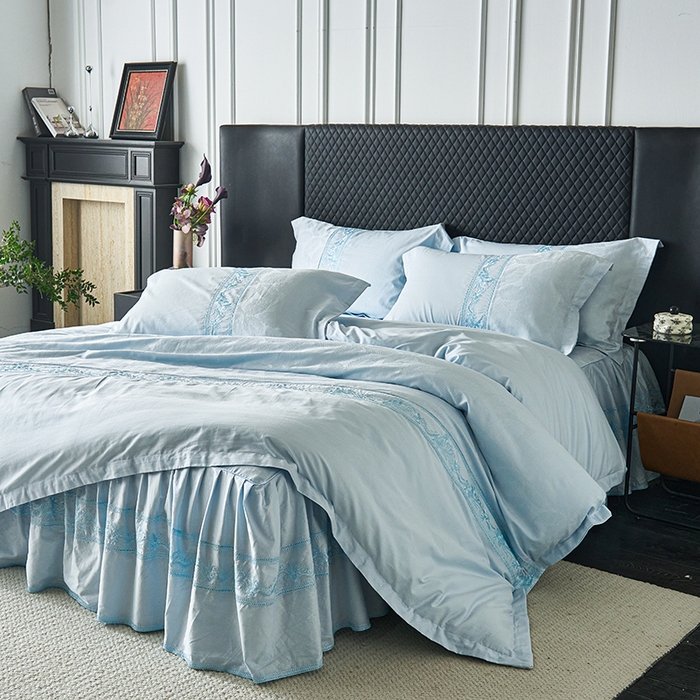 91家纺网 家纺一手货源 找家纺 美达家纺 2026新款全棉纯棉60s提花绣花床裙单床裙床裙单件 枝锦翠曼-空境蓝