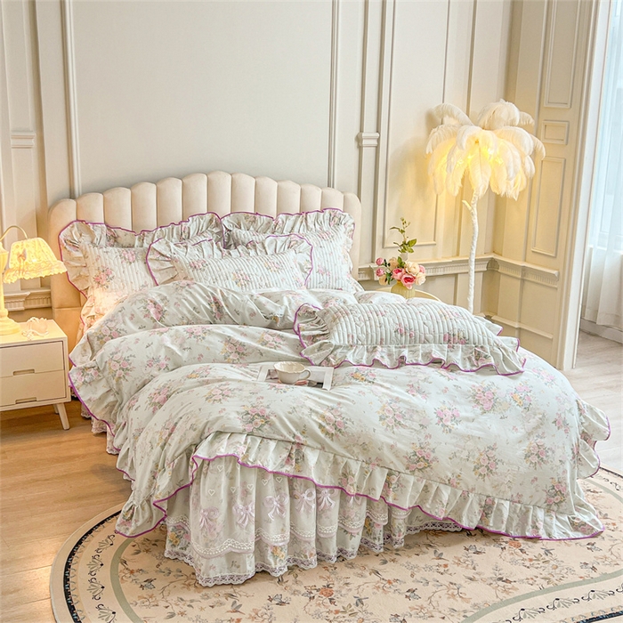 91家纺网 家纺一手货源 找家纺 （总）宜凡家纺 2026新款全棉公主风夹棉床裙三件套