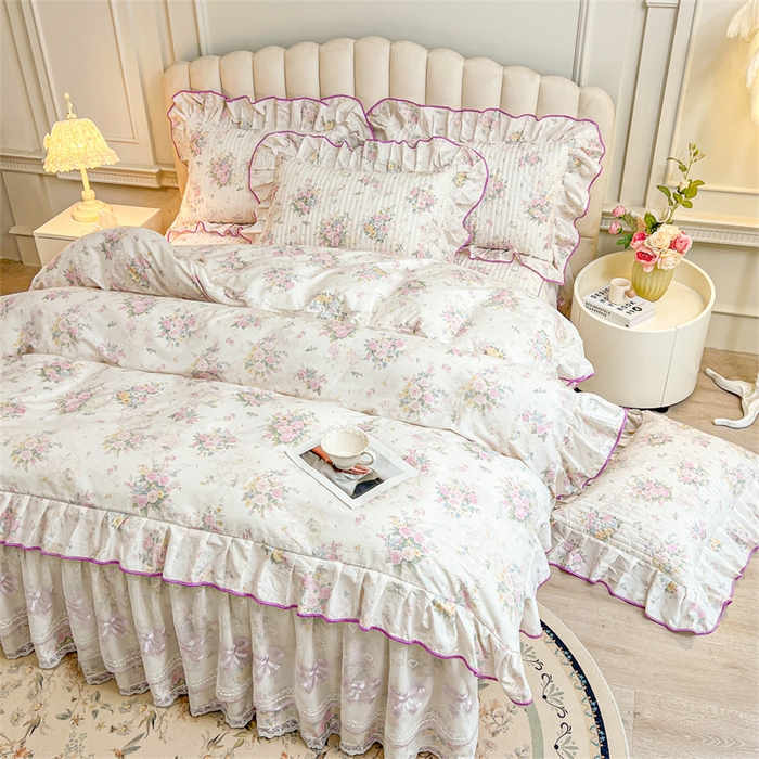 91家纺网 家纺一手货源 找家纺 宜凡家纺 2026新款全棉公主风夹棉床裙三件套 镜花映月