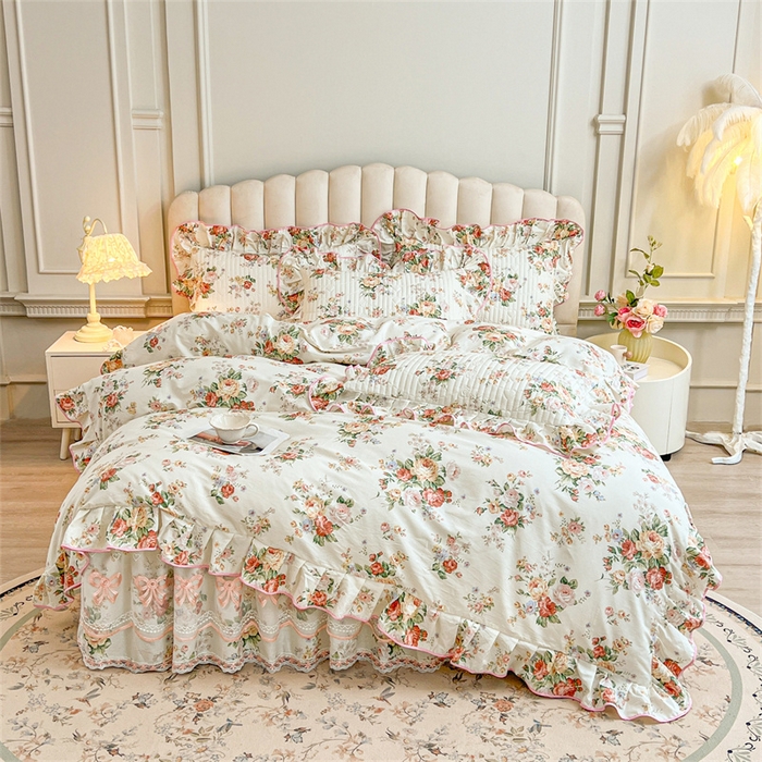 91家纺网 家纺一手货源 找家纺 宜凡家纺 2026新款全棉公主风夹棉床裙三件套 洛川花海