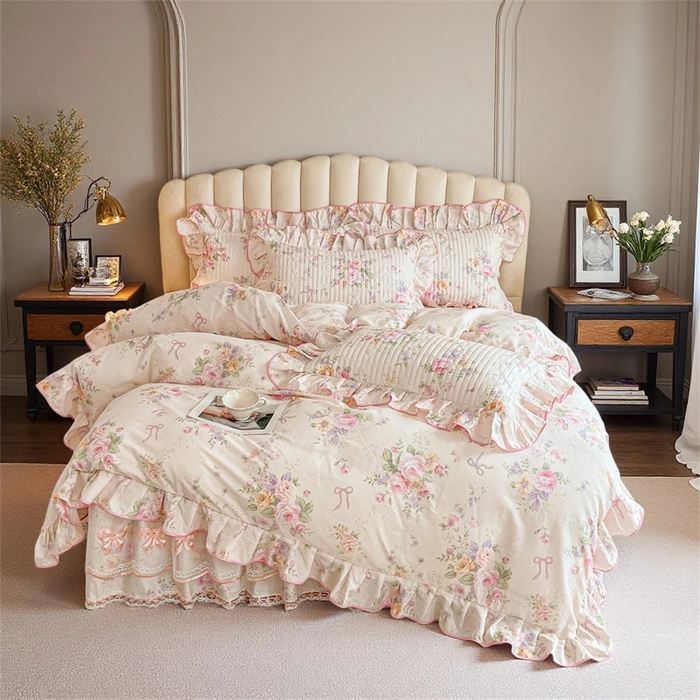 91家纺网 家纺一手货源 找家纺 宜凡家纺 2026新款全棉公主风夹棉床裙三件套 玉容昭婉