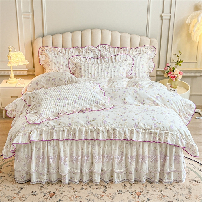 91家纺网 家纺一手货源 找家纺 宜凡家纺 2026新款全棉公主风夹棉床裙四件套 海棠之恋