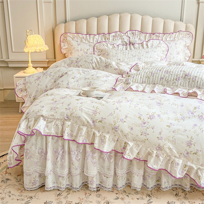 91家纺网 家纺一手货源 找家纺 宜凡家纺 2026新款全棉公主风夹棉床裙四件套 海棠之恋