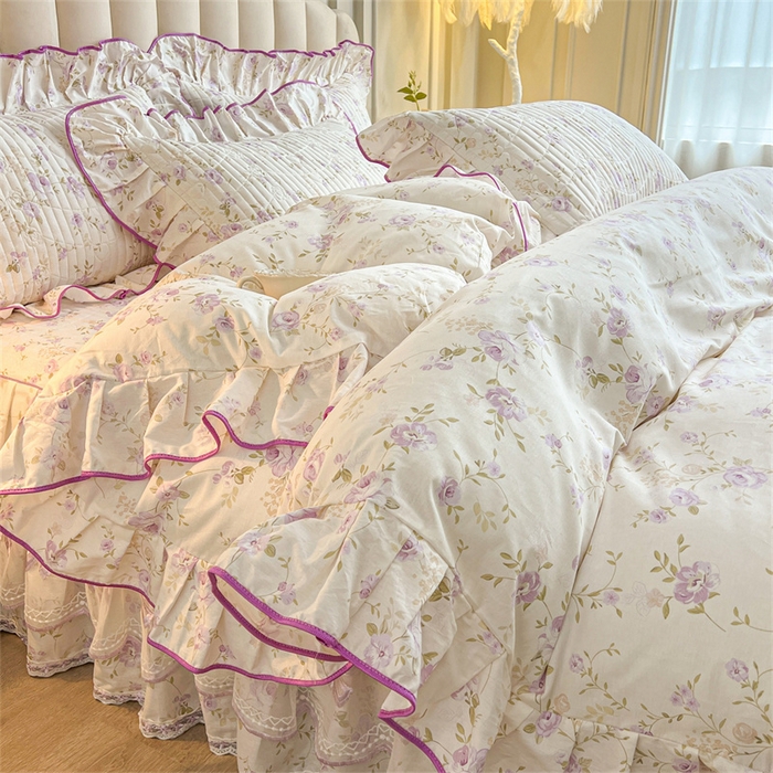 91家纺网 家纺一手货源 找家纺 宜凡家纺 2026新款全棉公主风夹棉床裙四件套 海棠之恋