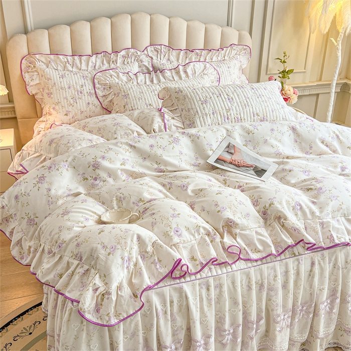 91家纺网 家纺一手货源 找家纺 宜凡家纺 2026新款全棉公主风夹棉床裙四件套 海棠之恋