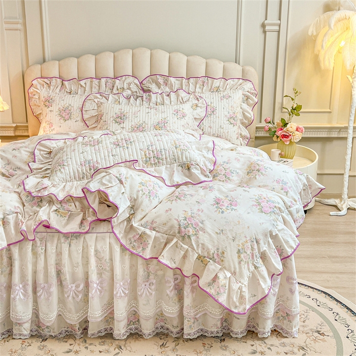 91家纺网 家纺一手货源 找家纺 宜凡家纺 2026新款全棉公主风夹棉床裙四件套 镜花映月