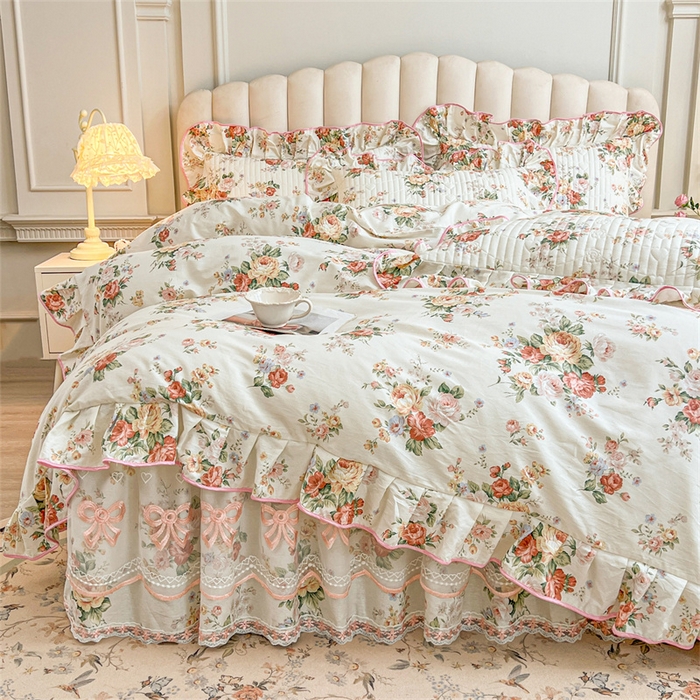 91家纺网 家纺一手货源 找家纺 宜凡家纺 2026新款全棉公主风夹棉床裙四件套 洛川花海