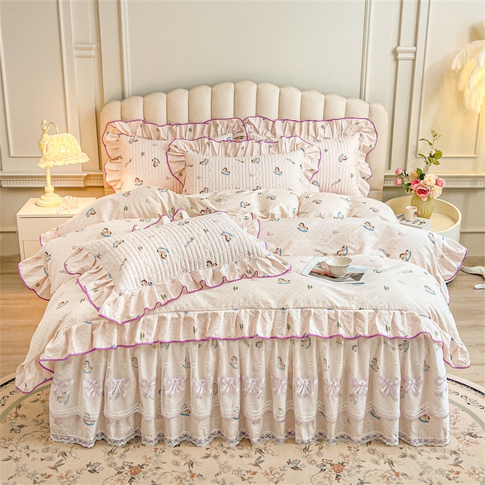 91家纺网 家纺一手货源 找家纺 宜凡家纺 2026新款全棉公主风夹棉床裙四件套 摇摇木马