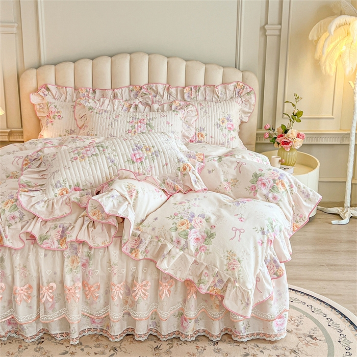 91家纺网 家纺一手货源 找家纺 宜凡家纺 2026新款全棉公主风夹棉床裙四件套 玉容昭婉