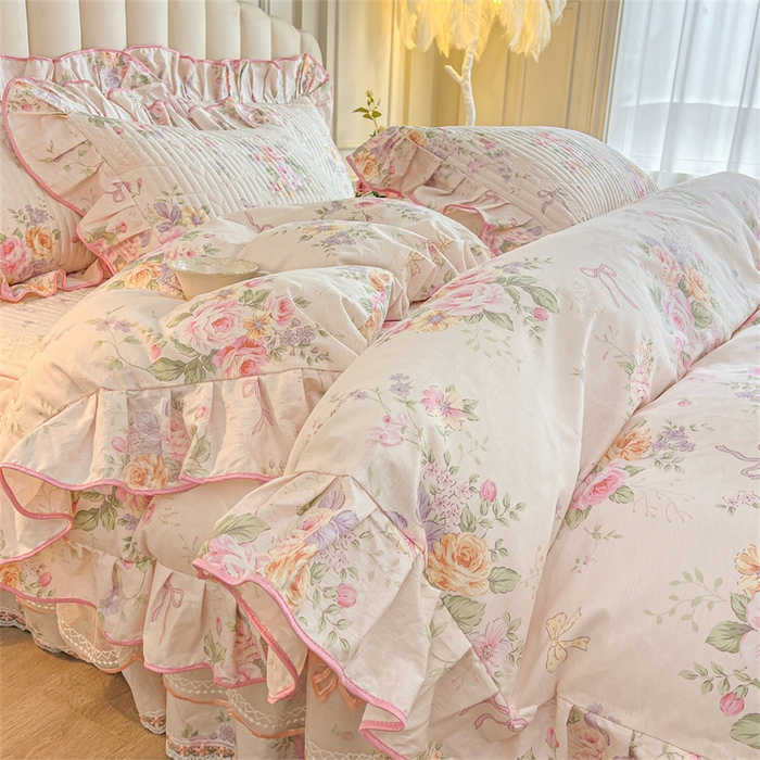 91家纺网 家纺一手货源 找家纺 宜凡家纺 2026新款全棉公主风夹棉床裙四件套 玉容昭婉