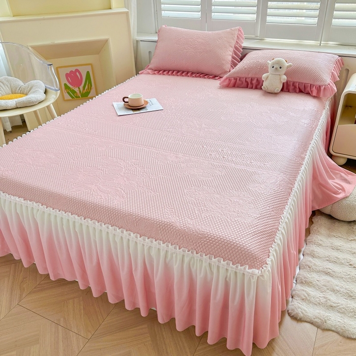 91家纺网 家纺一手货源 找家纺 怡源梦 2026新款A类冰豆豆凉感提花床裙凉席-花之恋系列 花之恋 粉色