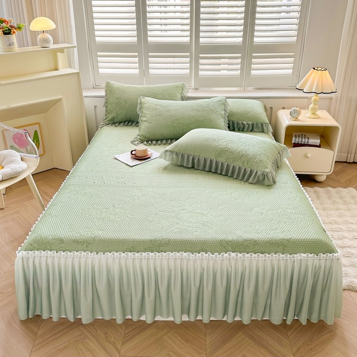 91家纺网 家纺一手货源 找家纺 怡源梦 2026新款A类冰豆豆凉感提花床裙凉席-花之恋系列 花之恋 绿色