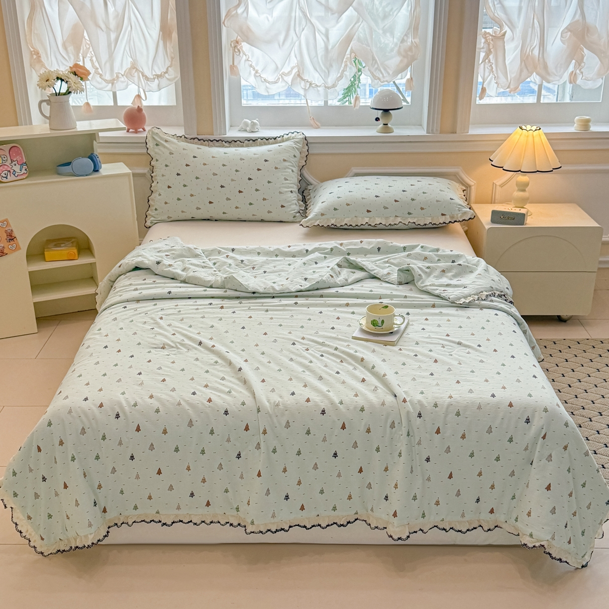 鑫贝阳 2026新款韩版花边邹邹绵夏被 薄荷小森林