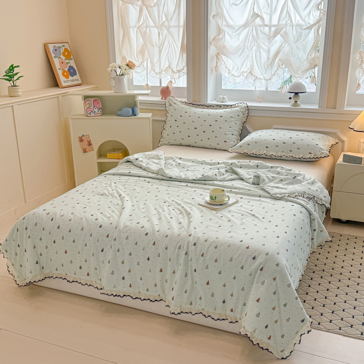 91家纺网 家纺一手货源 找家纺 鑫贝阳 2026新款韩版花边邹邹绵夏被 薄荷小森林