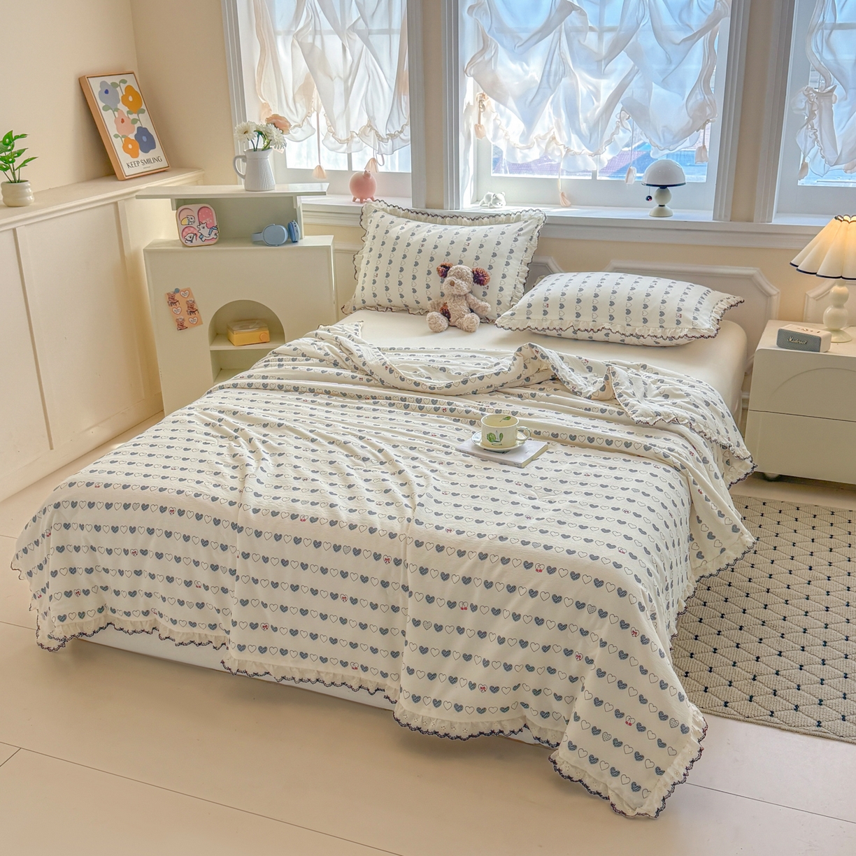 91家纺网 家纺一手货源 找家纺 鑫贝阳 2026新款韩版花边邹邹绵夏被 爱心格