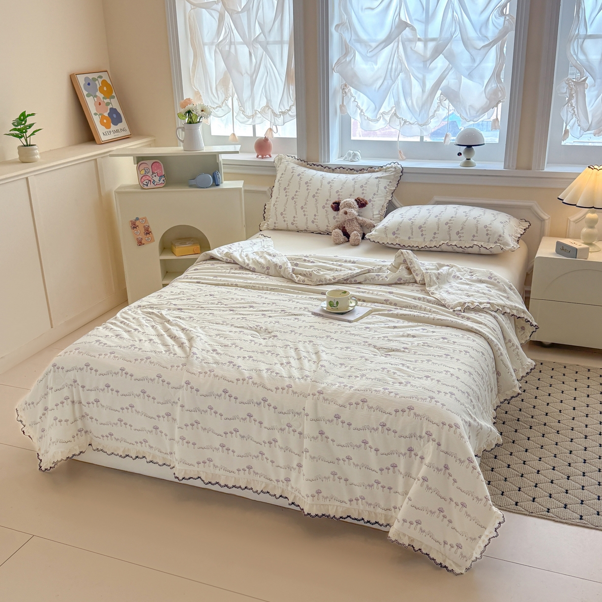 91家纺网 家纺一手货源 找家纺 鑫贝阳 2026新款韩版花边邹邹绵夏被 蘑菇小森林