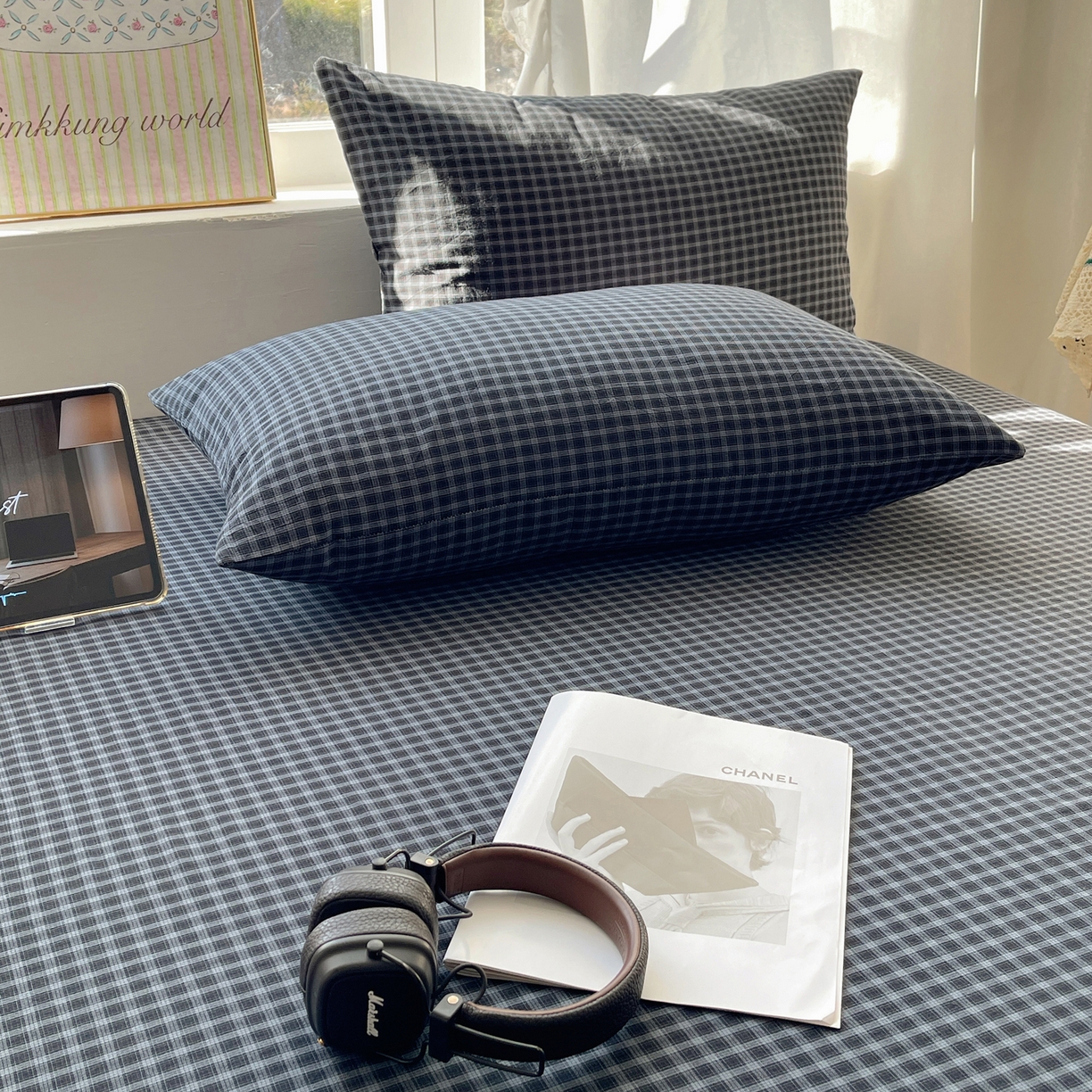 91家纺网 家纺一手货源 找家纺 六巷胡同 2026新款A类全棉纯棉水洗棉色织格子单品枕套 枕套单件 追光-蓝格