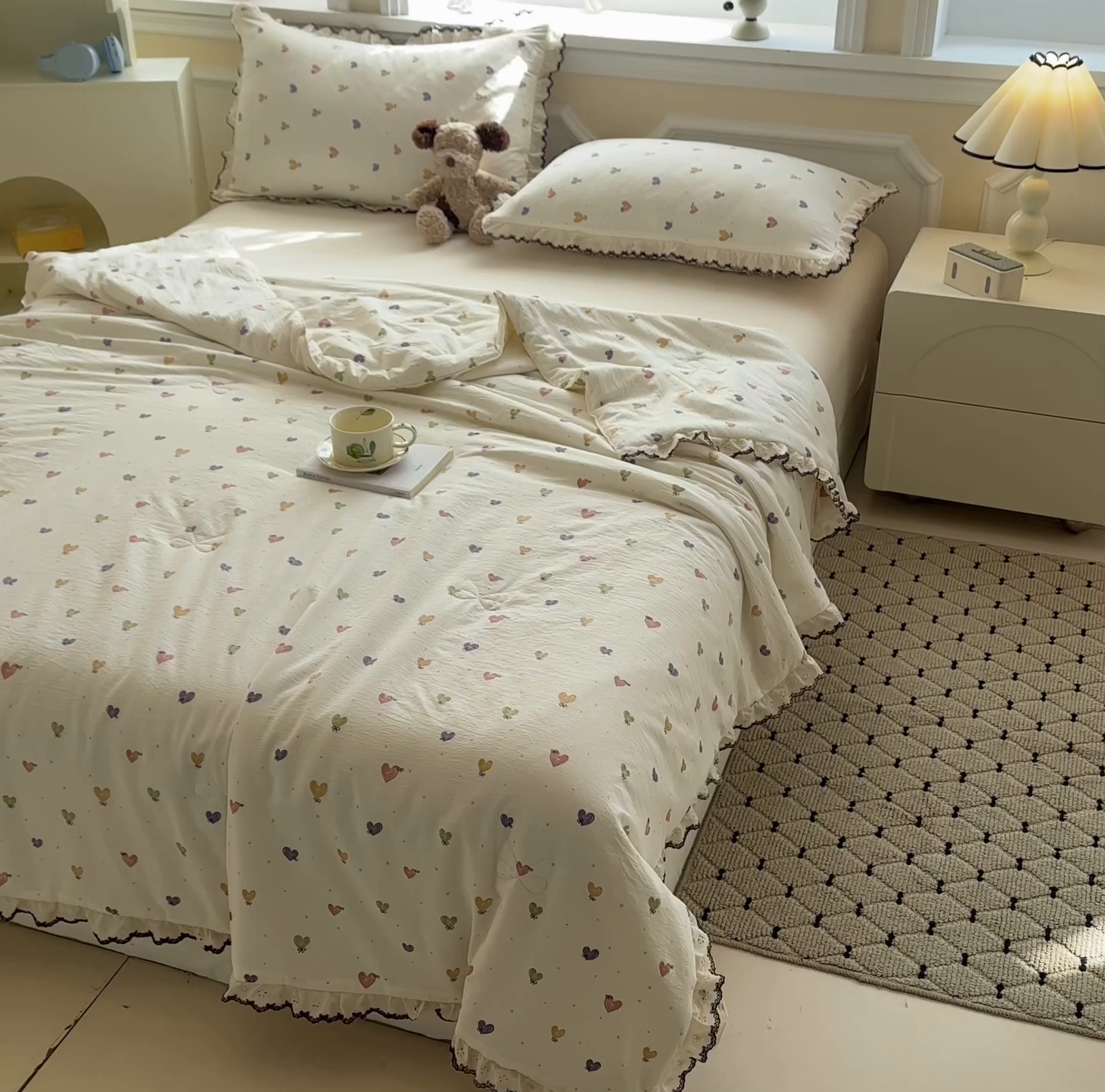 91家纺网 家纺一手货源 找家纺 鑫贝阳 2026新款韩版花边邹邹绵夏被 马卡龙爱心