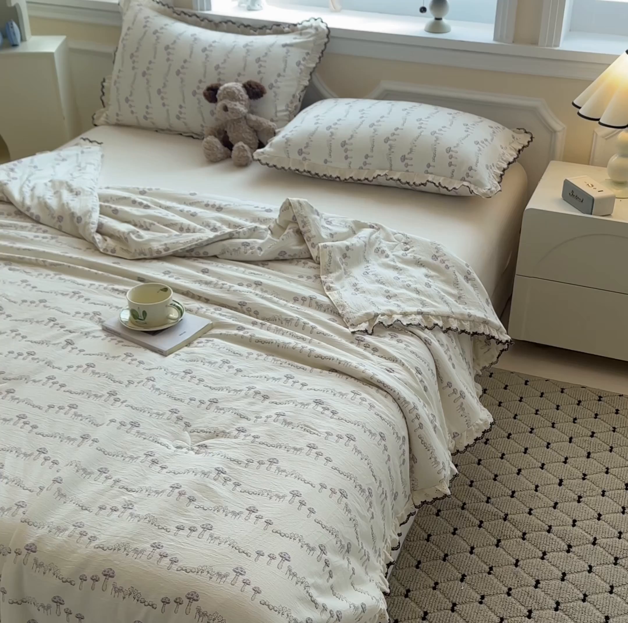 91家纺网 家纺一手货源 找家纺 鑫贝阳 2026新款韩版花边邹邹绵夏被 蘑菇小森林