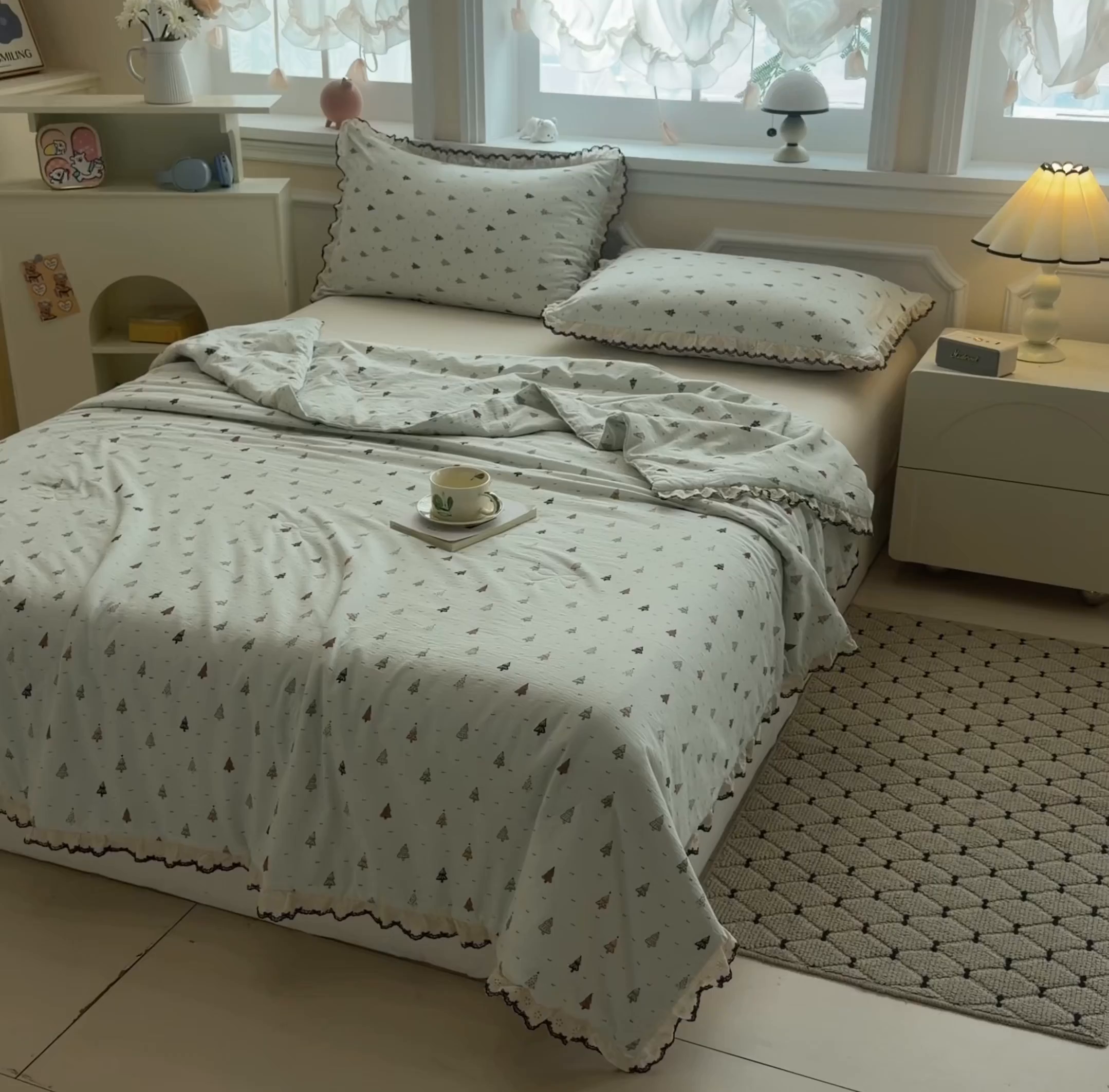 91家纺网 家纺一手货源 找家纺 鑫贝阳 2026新款韩版花边邹邹绵夏被 薄荷小森林