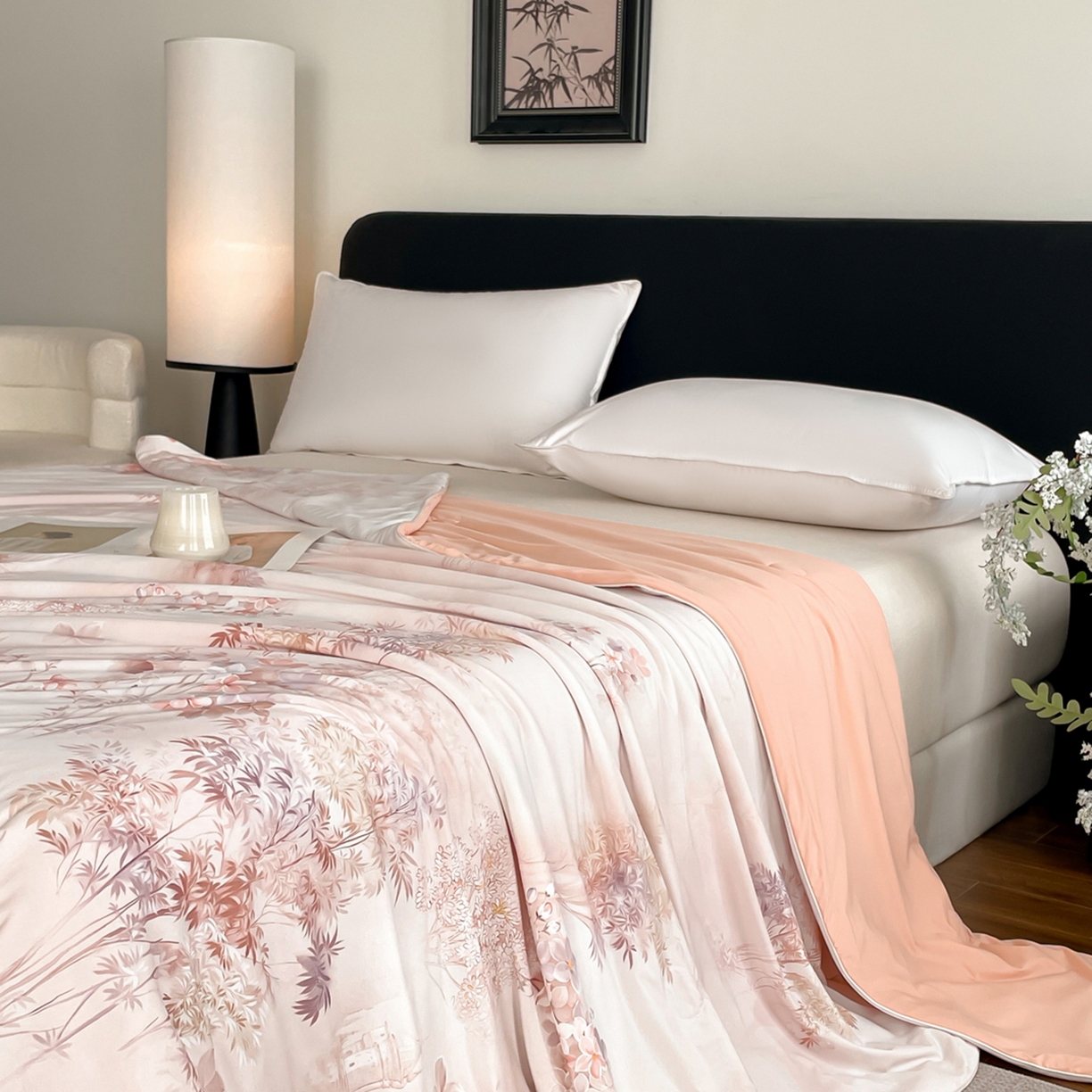 91家纺网 家纺一手货源 找家纺 鑫贝阳 2026新款锦氨凉感丝夏被 丛林晓梦粉